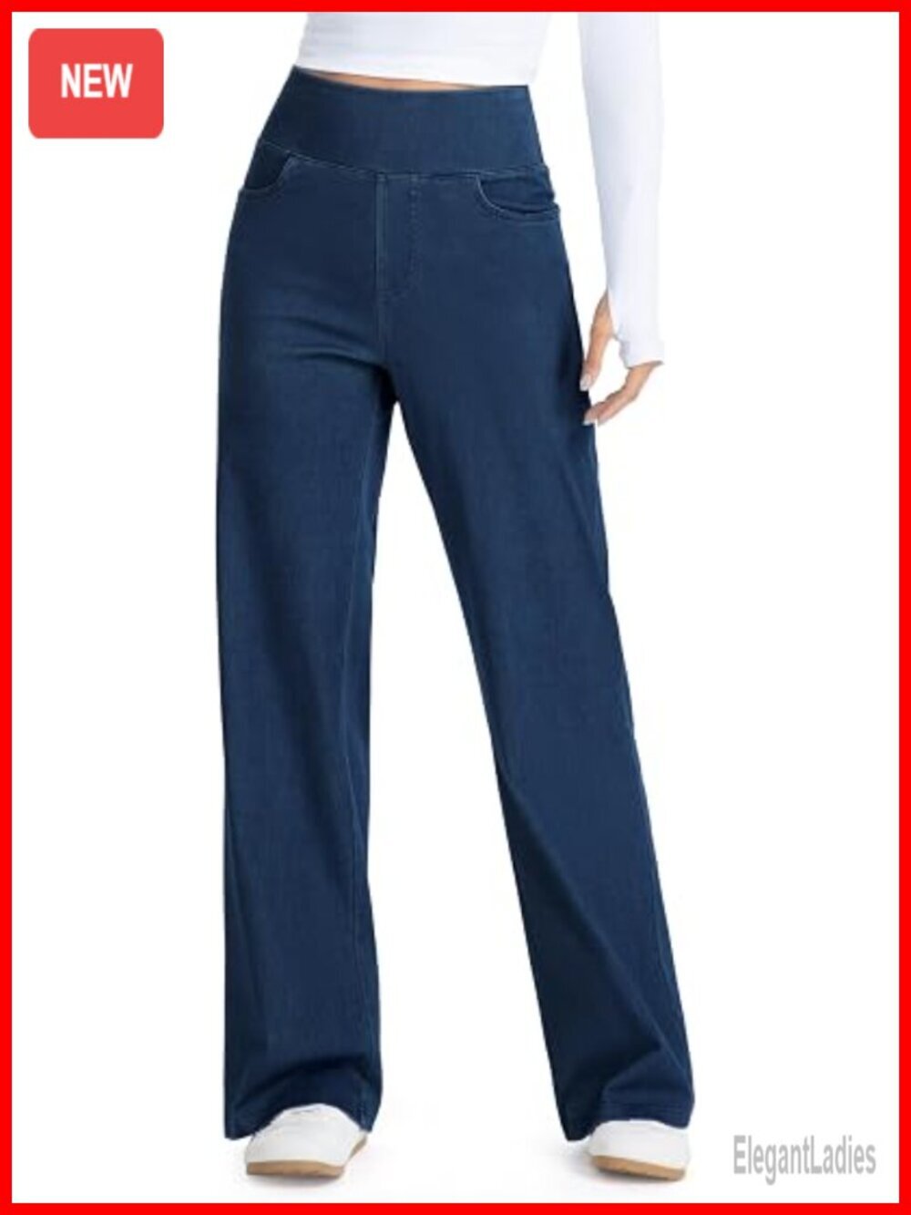 Wide Leg Pull On Stretchy Baggy Straight Denim Pants with Pockets